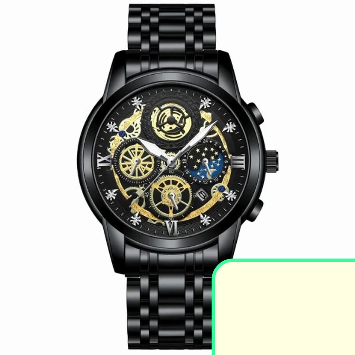 Stainless Steel Strap Bin Bond Fashion Watch With Smart Lock Watch For Men Multifunction Chronograph Dial Analog Quartz Wristwatch (black)